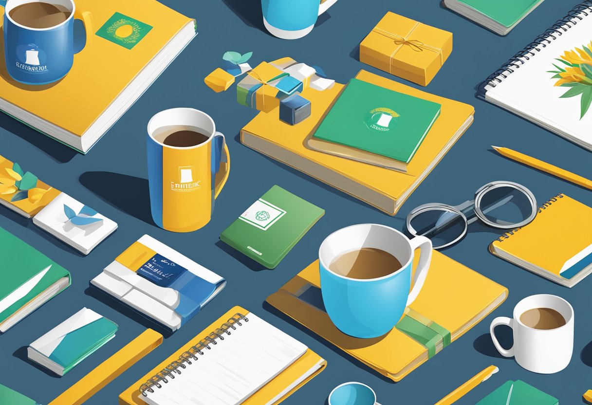 A table adorned with various corporate gifts, including branded mugs and notebooks, being packaged for delivery