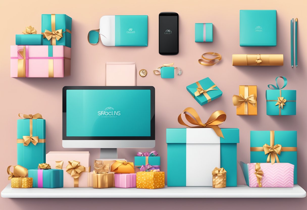 A table displaying branded tech gadgets, luxury food items, and personalized stationary. A stack of gift boxes with ribbon bows in the background