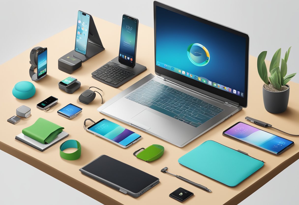 A table displaying a variety of corporate gifts, including branded tech gadgets, eco-friendly products, and personalized luxury items