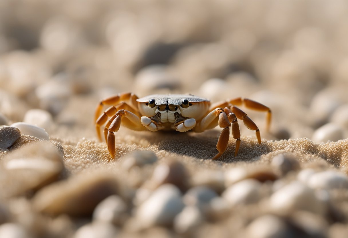 A tiny crab scuttles across a sandy beach, its pincers raised in defense. Seashells and small pebbles litter the area