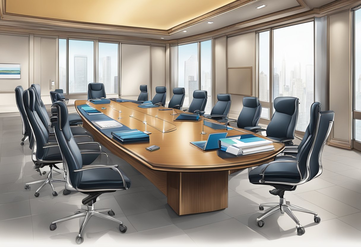 A conference table with various corporate gifts displayed, including branded items and luxury products, surrounded by executives in a meeting