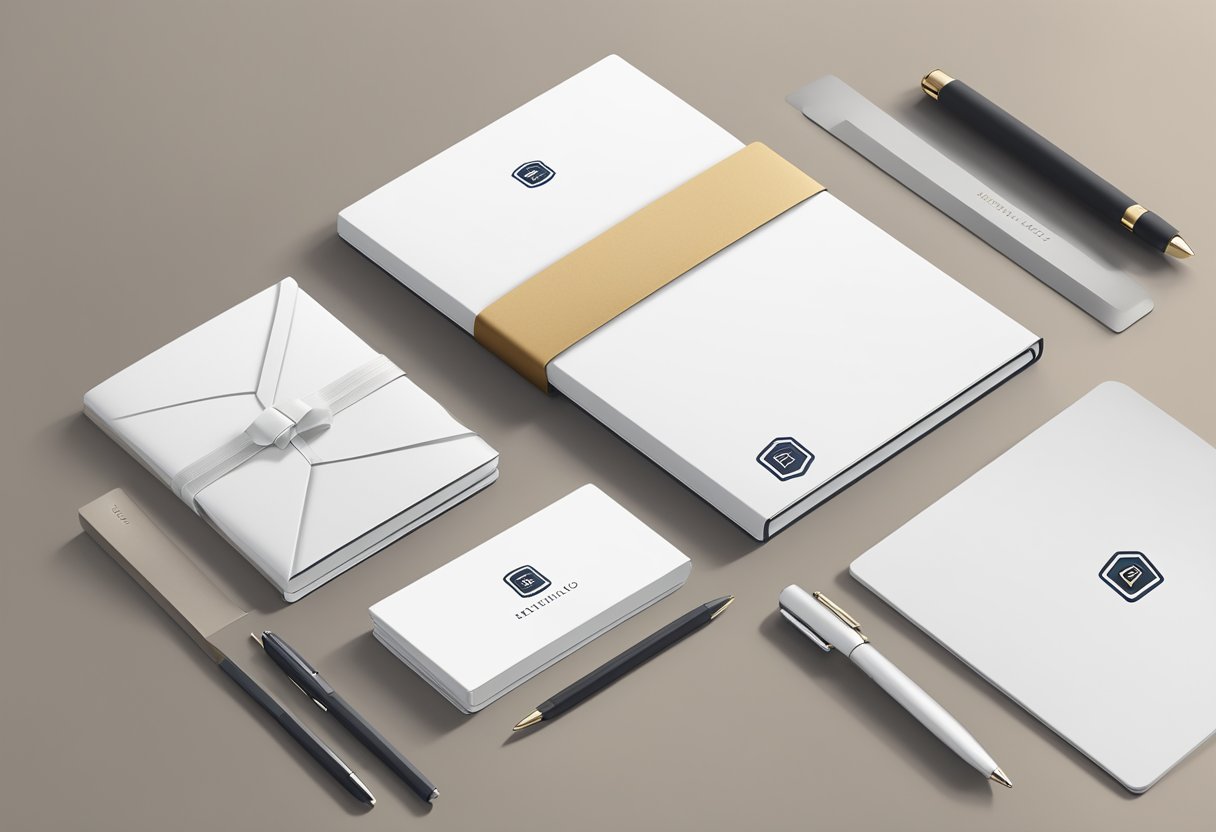 A sleek notebook with a company logo embossed on the cover, surrounded by elegant packaging and a personalized note card