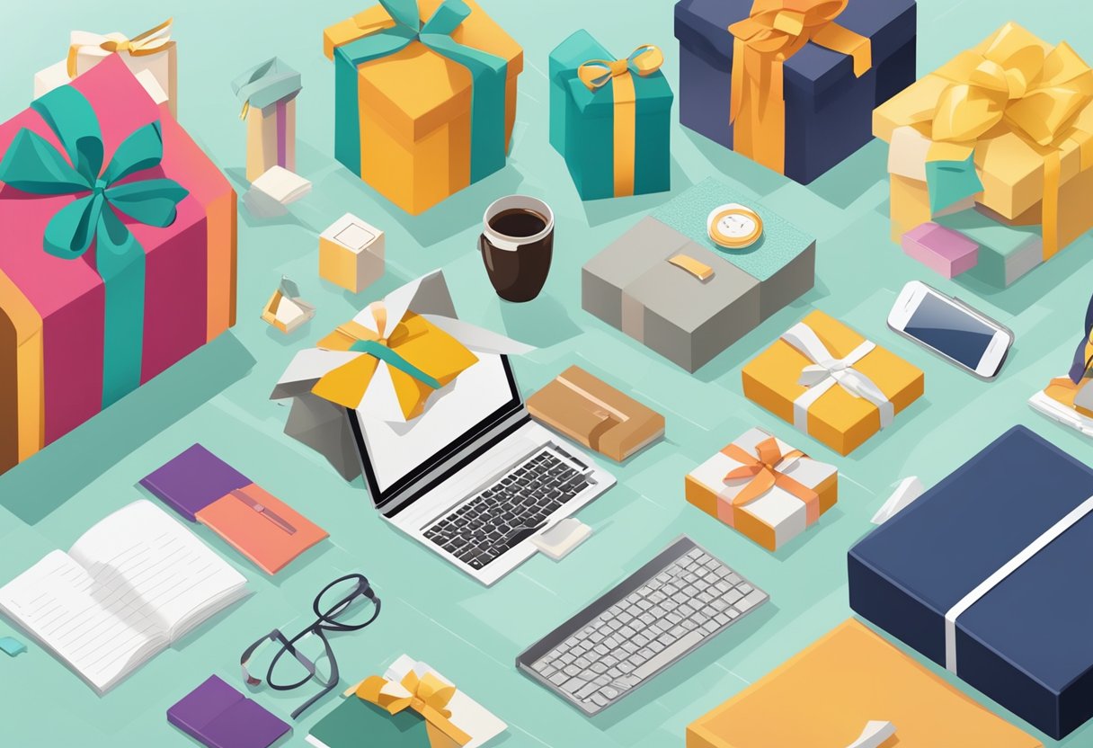 A table filled with various corporate gifts, including branded items and luxury products, with a banner reading "Frequently Asked Questions corporate gifting trends" in the background