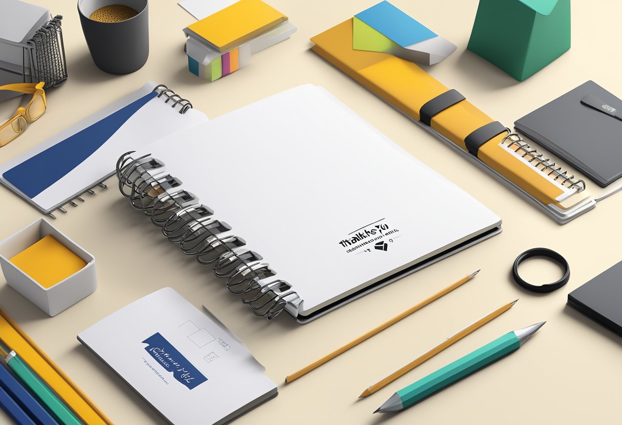 A customised notebook with a company logo on the cover sits on a desk surrounded by office supplies. A ribbon and a thank you card are placed next to it, ready to be presented as a corporate gift
