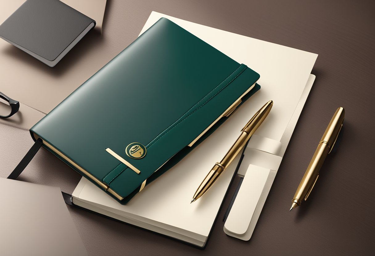 A sleek, leather-bound notebook with embossed company logo sits on a polished desk next to a gold pen and a personalized note card