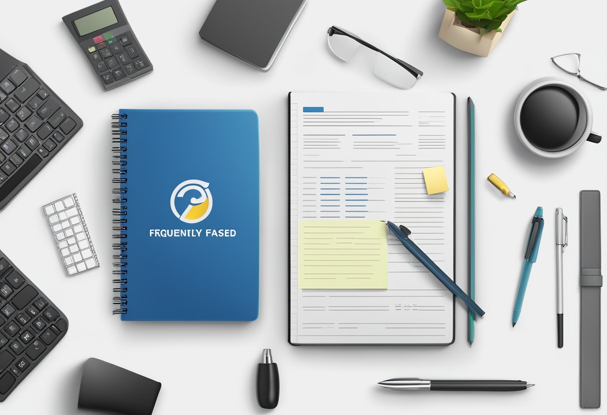 A branded notebook with "Frequently Asked Questions" printed on the cover, surrounded by corporate gift items
