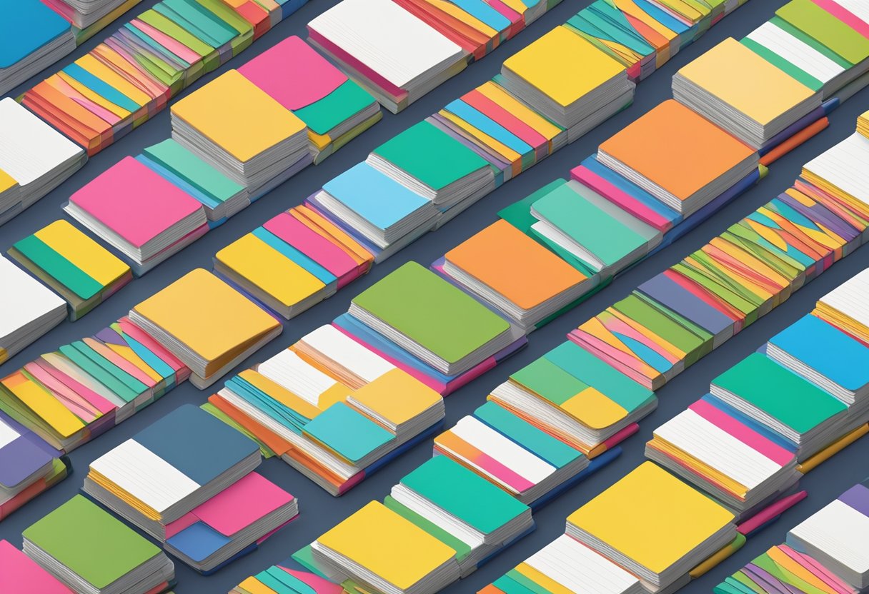 A stack of customized notepads in bulk sits on a desk. The notepads are neatly arranged with colorful covers and personalized logos