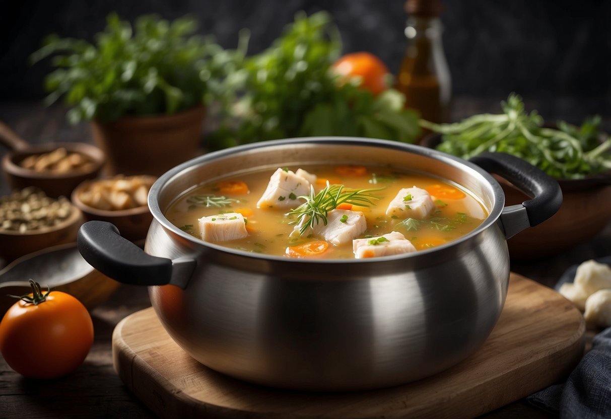 A pot simmers with milk fish soup, filled with chunks of fish, vegetables, and aromatic herbs, creating a savory and comforting aroma
