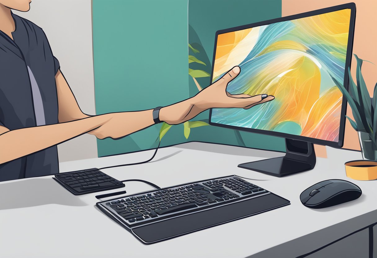 A hand reaching for a customizable mouse pad, with various design options displayed on a computer screen