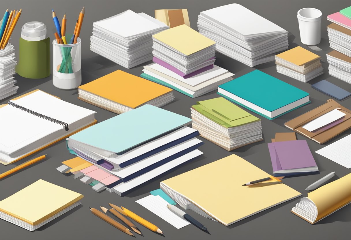 A table covered with stacks of custom notepads in bulk. A designer's tools scattered around, with paper samples and color swatches