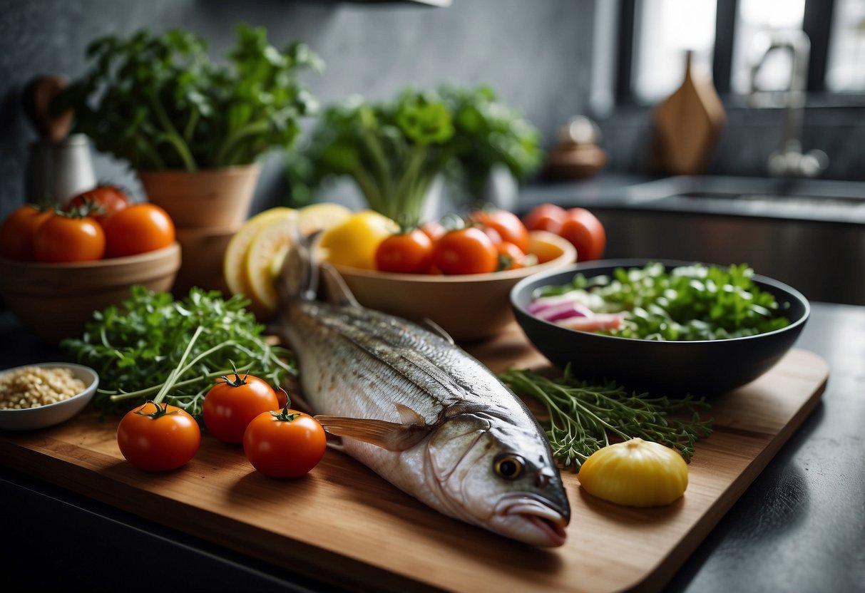 Fresh fish, vegetables, and aromatic herbs arranged on a clean kitchen counter. A pot, ladle, and bowl sit nearby, ready for cooking