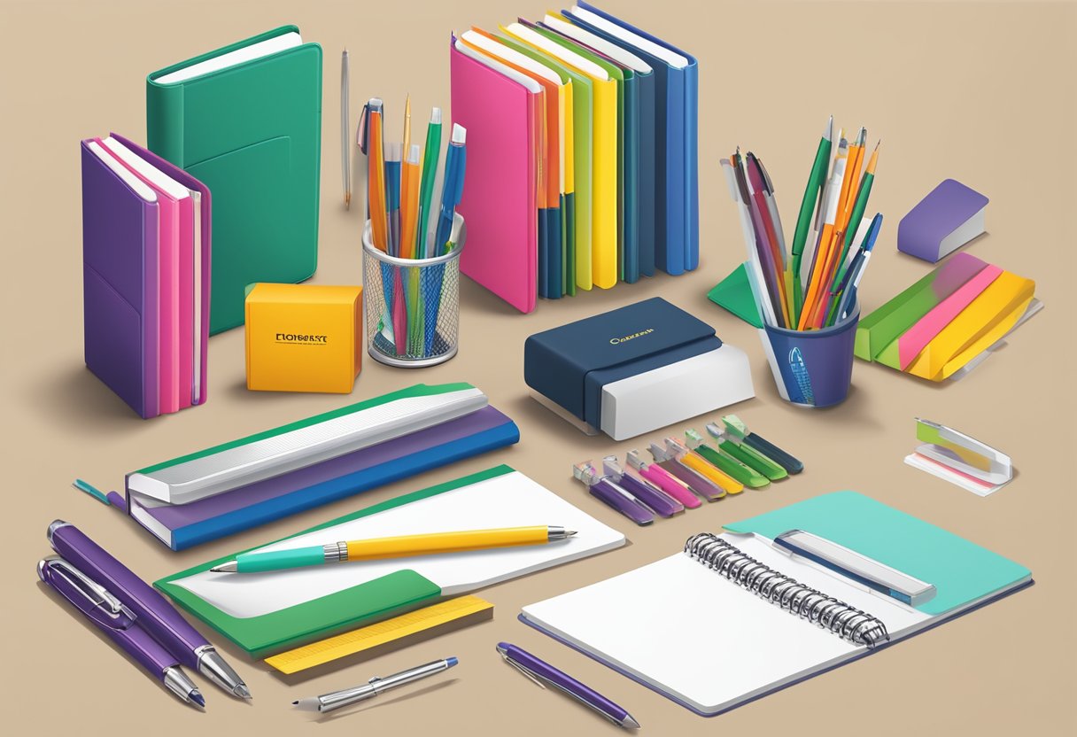 Customised office stationery arranged neatly on a desk with branded pens, notebooks, and folders. A logo is prominently displayed on each item
