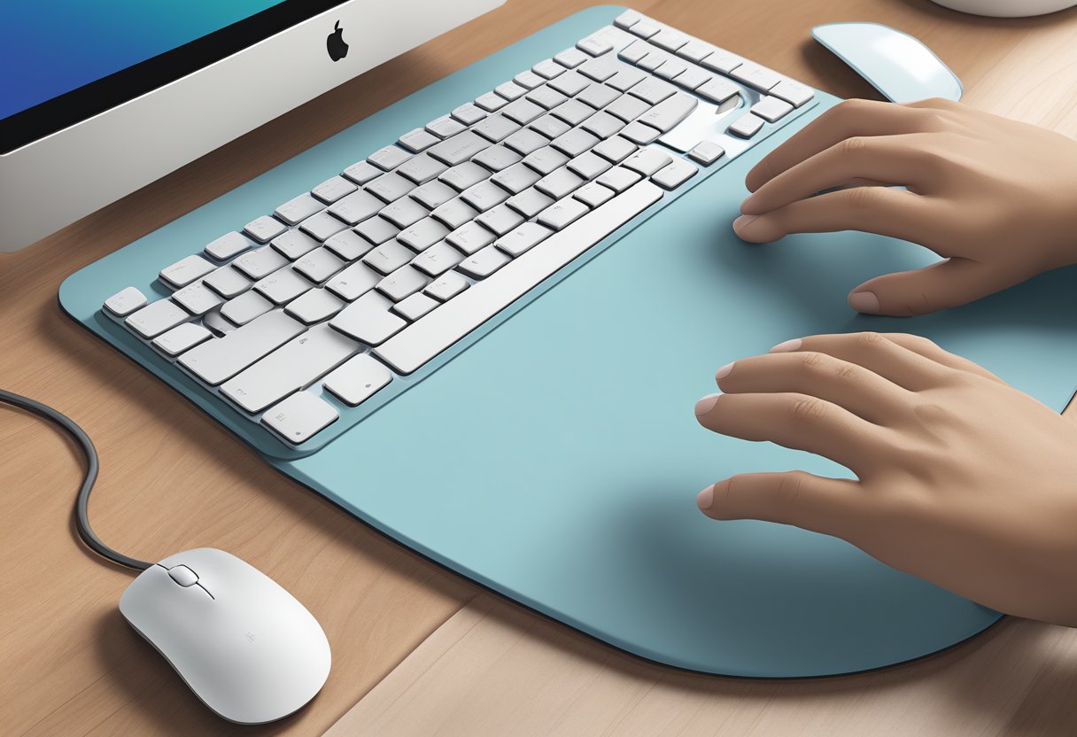 A hand reaching for a computer mouse on a custom mouse pad with a personalized design