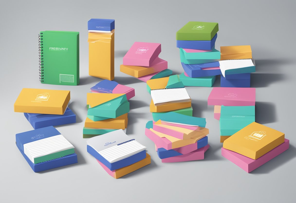A stack of custom notepads with "Frequently Asked Questions" printed on each page, surrounded by bulk packaging materials