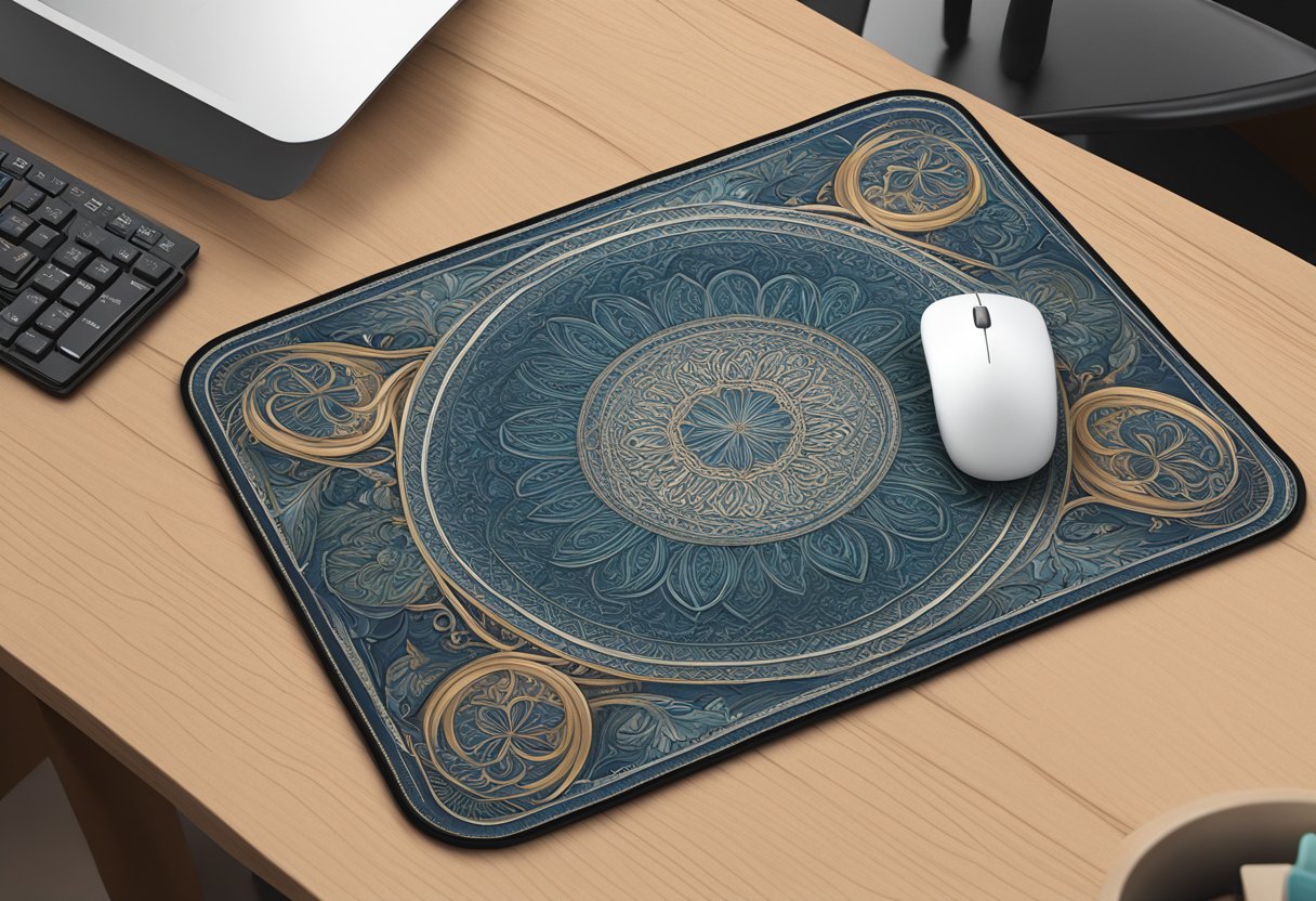 A handcrafted, personalized mouse pad with intricate designs and custom details