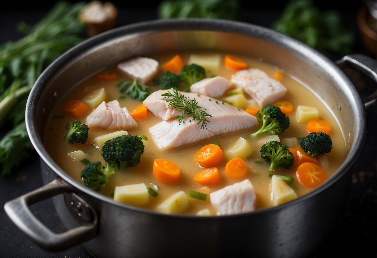 Milk fish soup simmers in a large pot on a stove, surrounded by ingredients like ginger, garlic, and vegetables