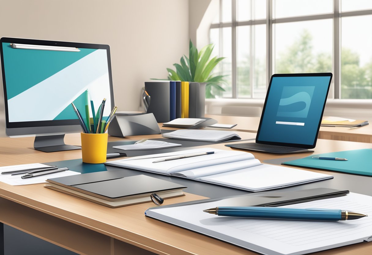 A desk with personalized pens, notebooks, and folders. Company logo on each item. Clean, modern office setting with natural light