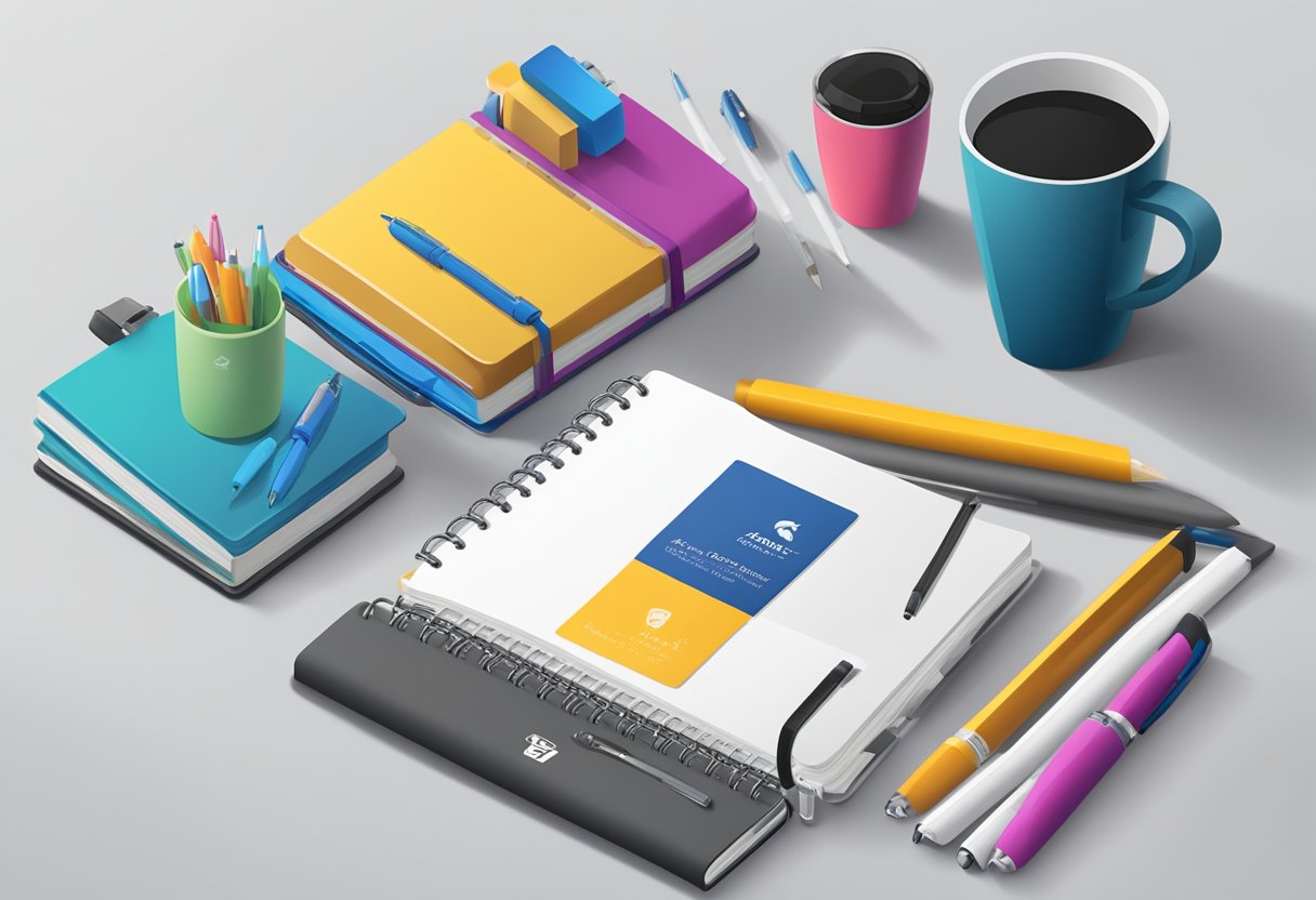 A table adorned with branded merchandise: pens, mugs, and notebooks. A company logo prominently displayed on each item