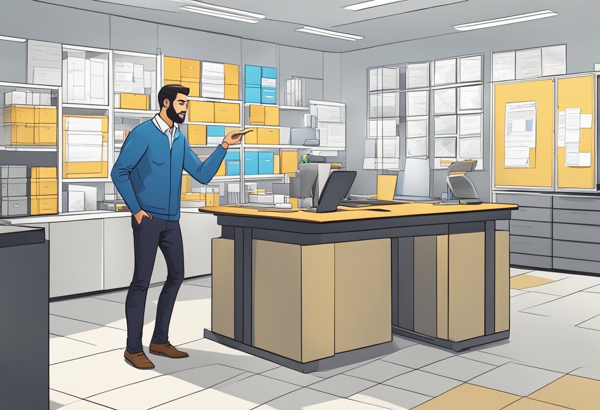 A customer speaks to a sales representative, pointing at customised office stationery on display. The representative takes notes and processes the order