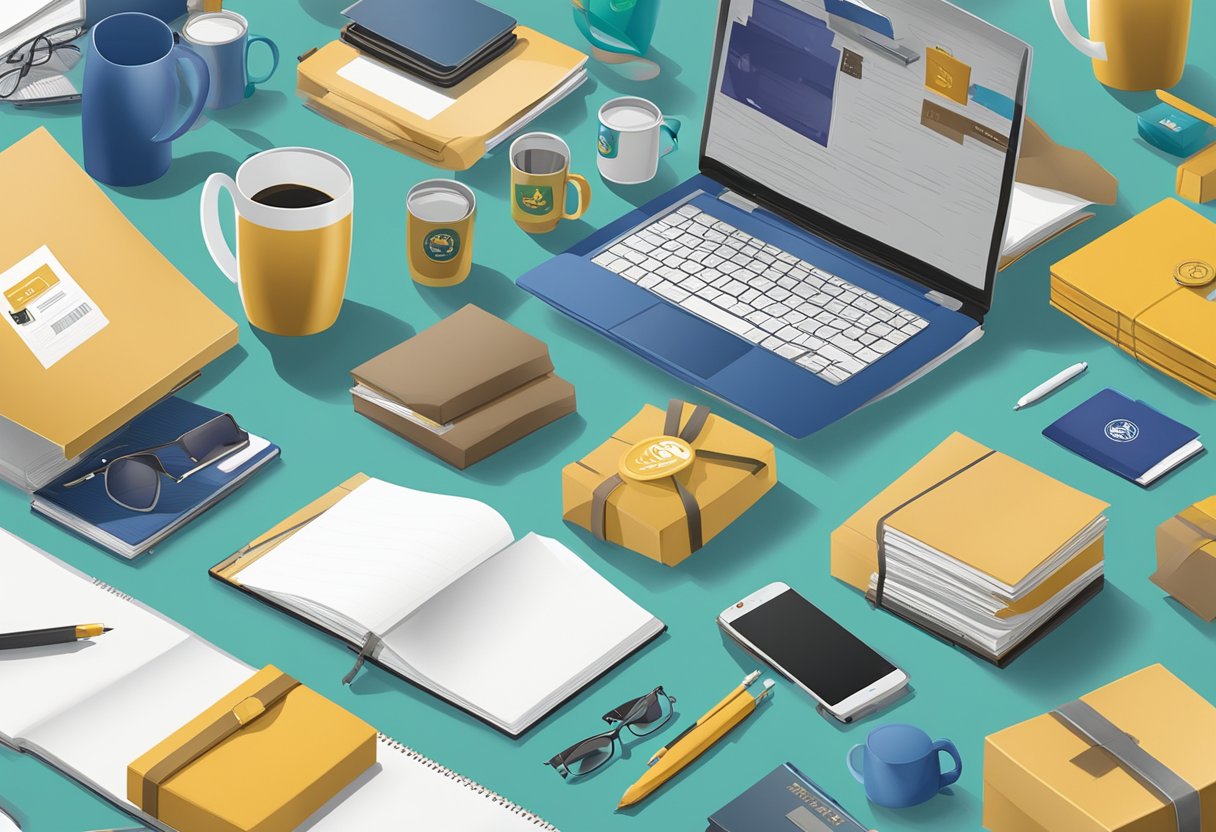 A table filled with branded merchandise, including custom logo items like mugs, notebooks, and tech accessories. Gift boxes and wrapping materials are scattered around