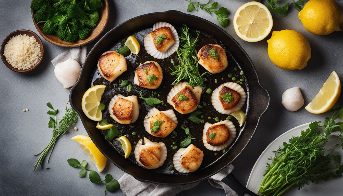 Scallops sizzling in a pan with miso butter, surrounded by herbs and lemon slices
