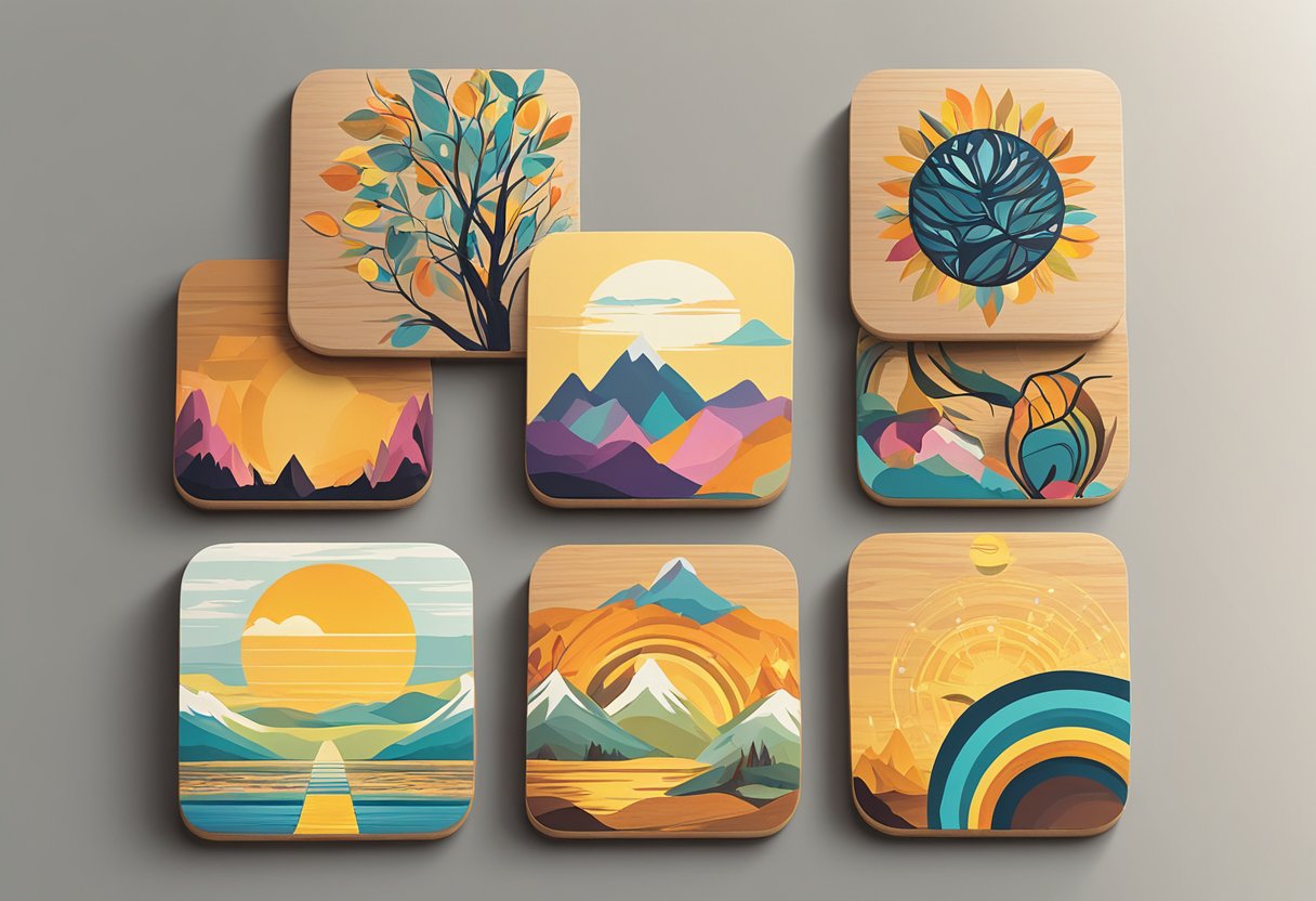 Vibrant customised coasters arranged on a wooden table, each displaying unique designs and patterns. Sunlight streaming in through a nearby window casts a warm glow on the surface