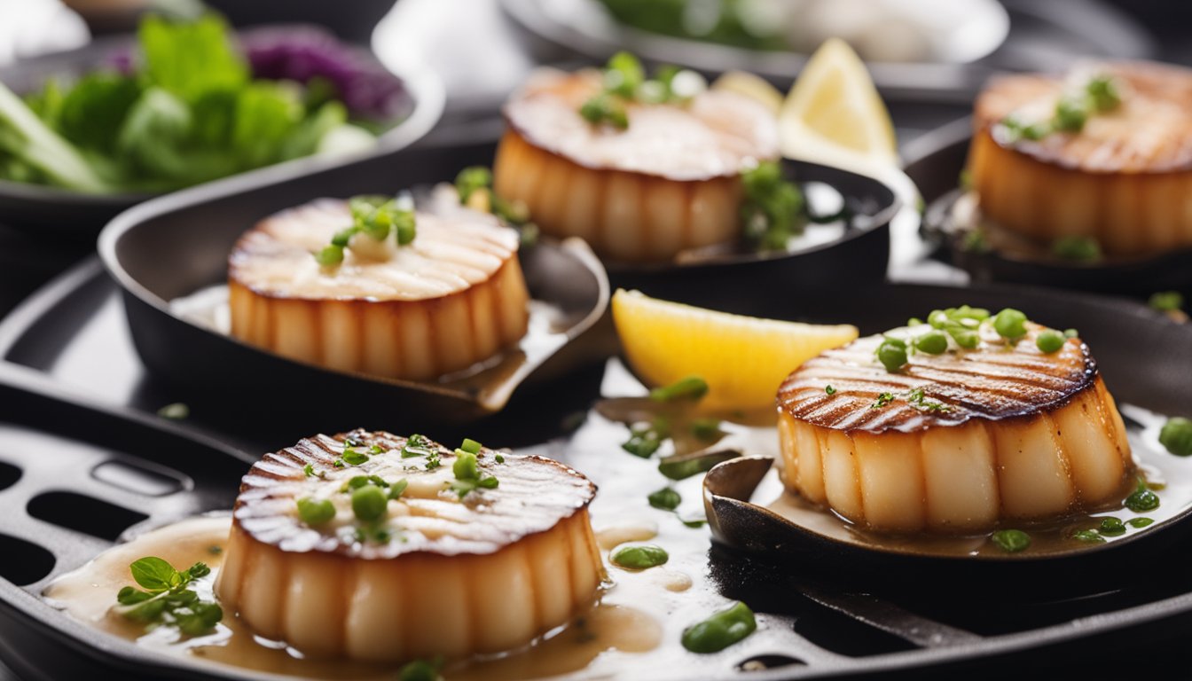 Scallops sizzling in a pan with miso butter melting over them, creating a savory aroma