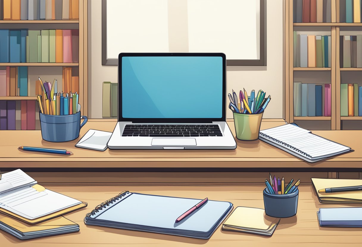 A desk with customised stationery, including pens, notebooks, and folders, neatly arranged. A sign with "Frequently Asked Questions" displayed prominently