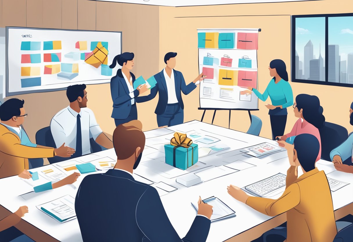 A group of professionals exchanging branded gifts in a boardroom, with a flowchart of the corporate gifting process displayed on a whiteboard