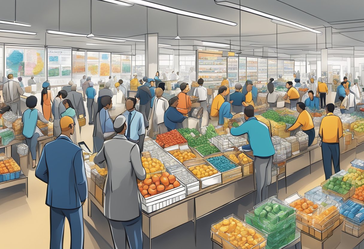A bustling market with diverse corporate gift displays, surrounded by strategic analysis charts and brainstorming sessions