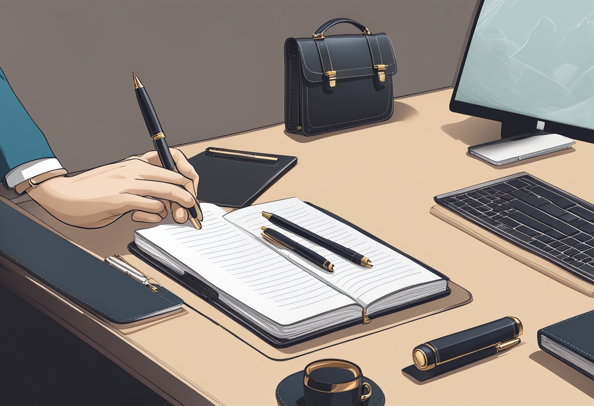 A hand reaching for a high-quality pen, elegant notebook, and luxurious leather briefcase on a sleek desk