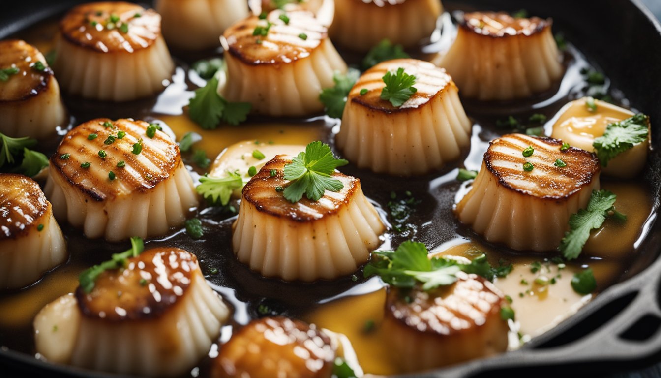 Plump scallops sizzling in a skillet with a rich miso butter sauce, emitting a tantalizing aroma