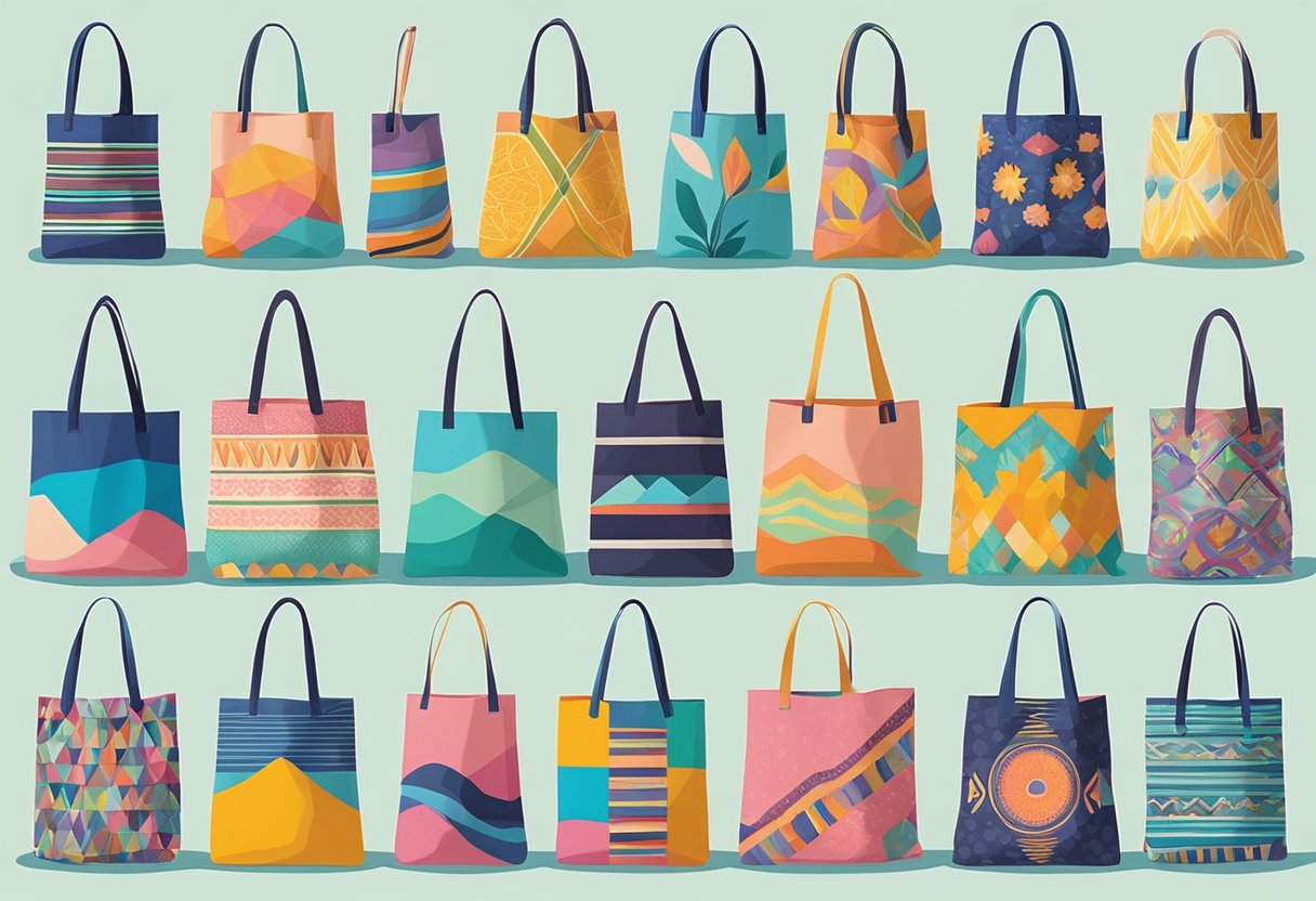 Colorful customised tote bags arranged in a neat row, each with unique designs and patterns. The bags are displayed against a plain backdrop, allowing the focus to be on the individuality of each bag