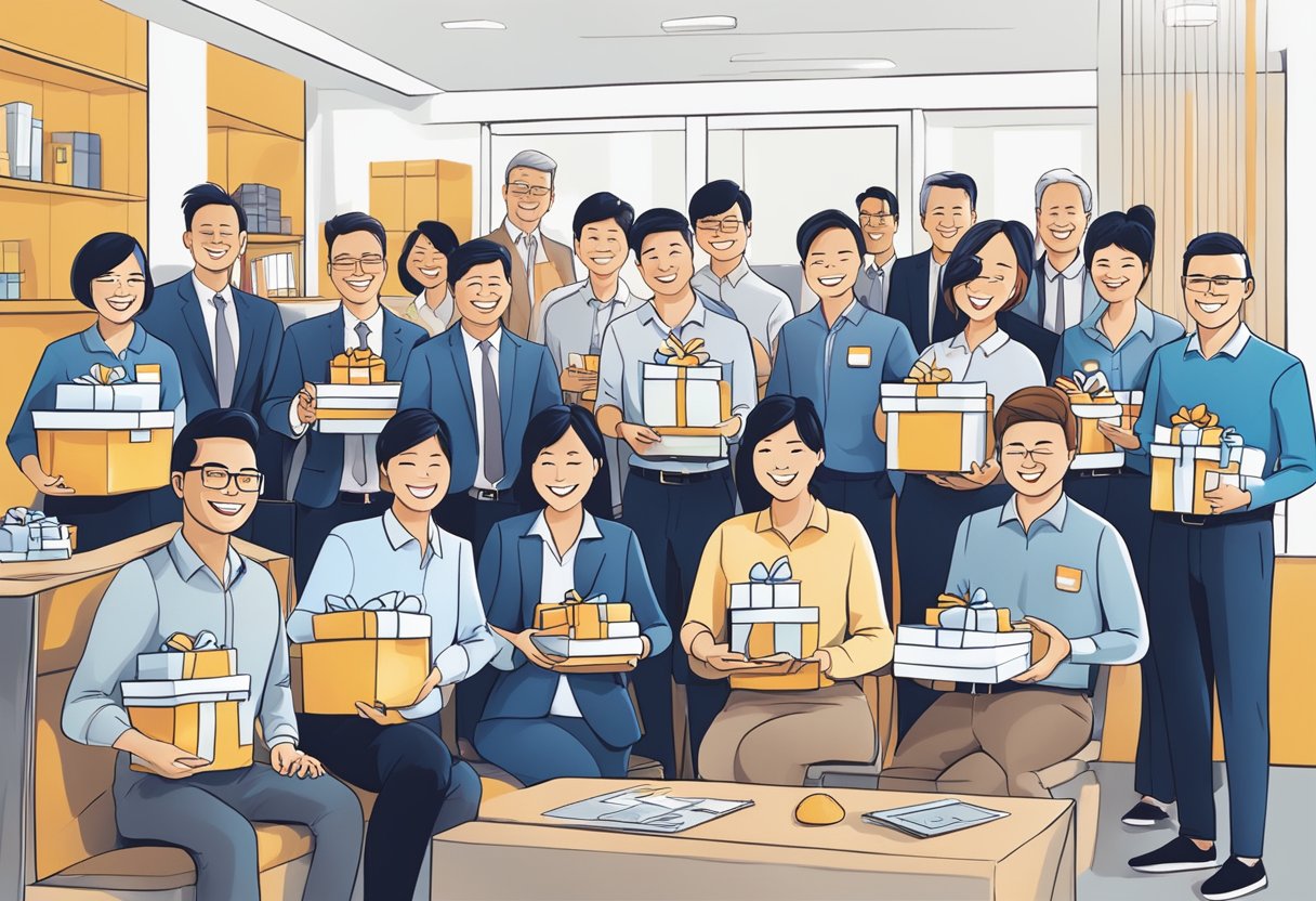 A group of NTU employees happily receiving and displaying corporate gifts, showcasing appreciation and boosting morale
