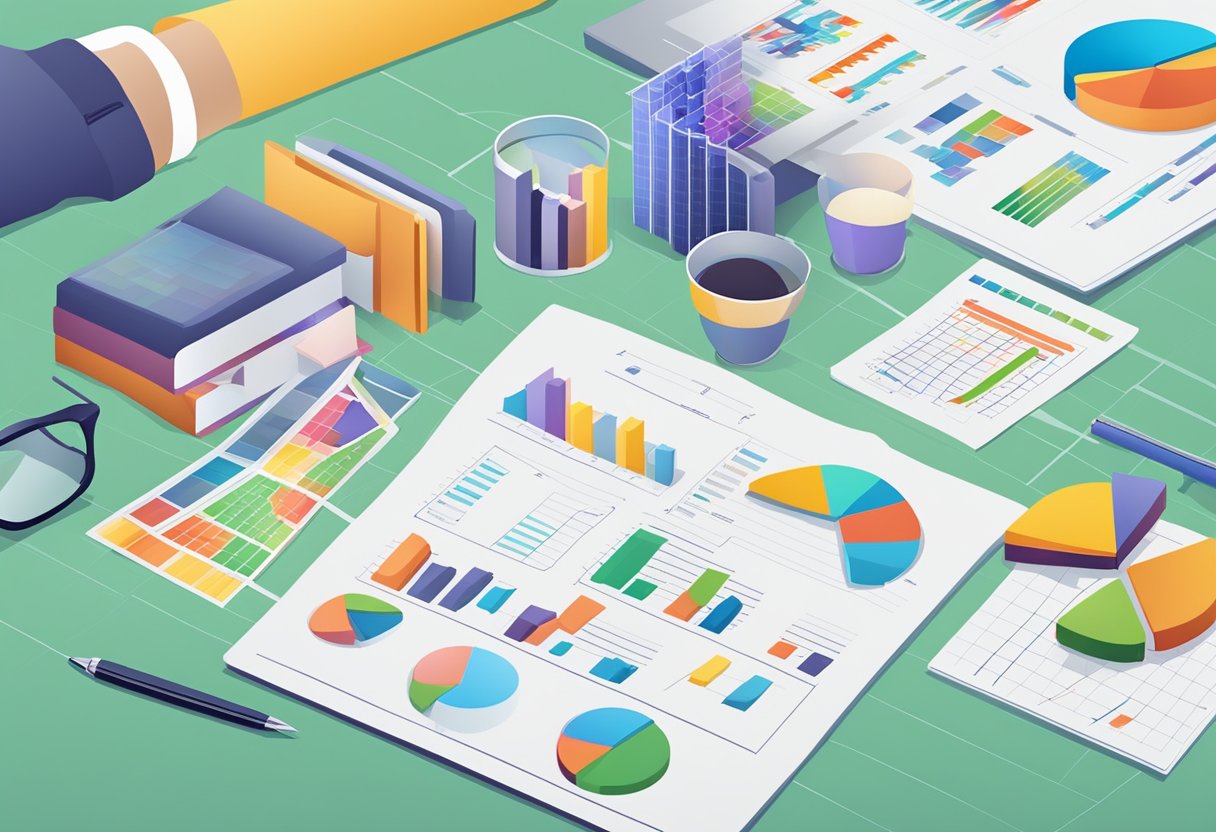 A table with charts, graphs, and spreadsheets showcasing financial projections and an operational plan for a corporate gifts business