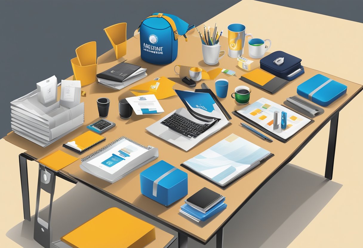 A table with various corporate gift items, including branded merchandise and customized products, displayed in an organized and attractive manner