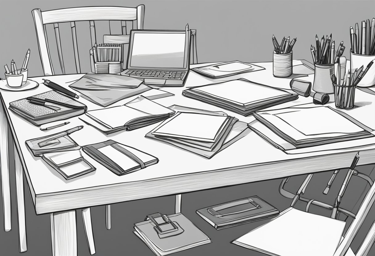 A table with various art supplies scattered around. A blank tote bag lies in the center, ready to be decorated