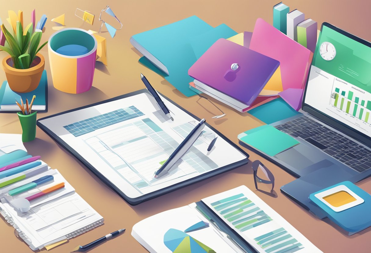 A table with various corporate gift items displayed, a laptop open to a business plan document, and a sign reading "Frequently Asked Questions."