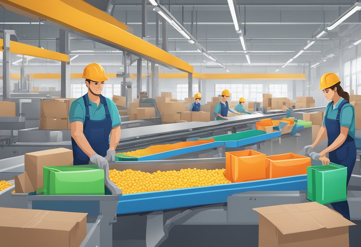A conveyor belt moves colorful tote bags through a factory. Workers pack and stack finished bags into shipping boxes