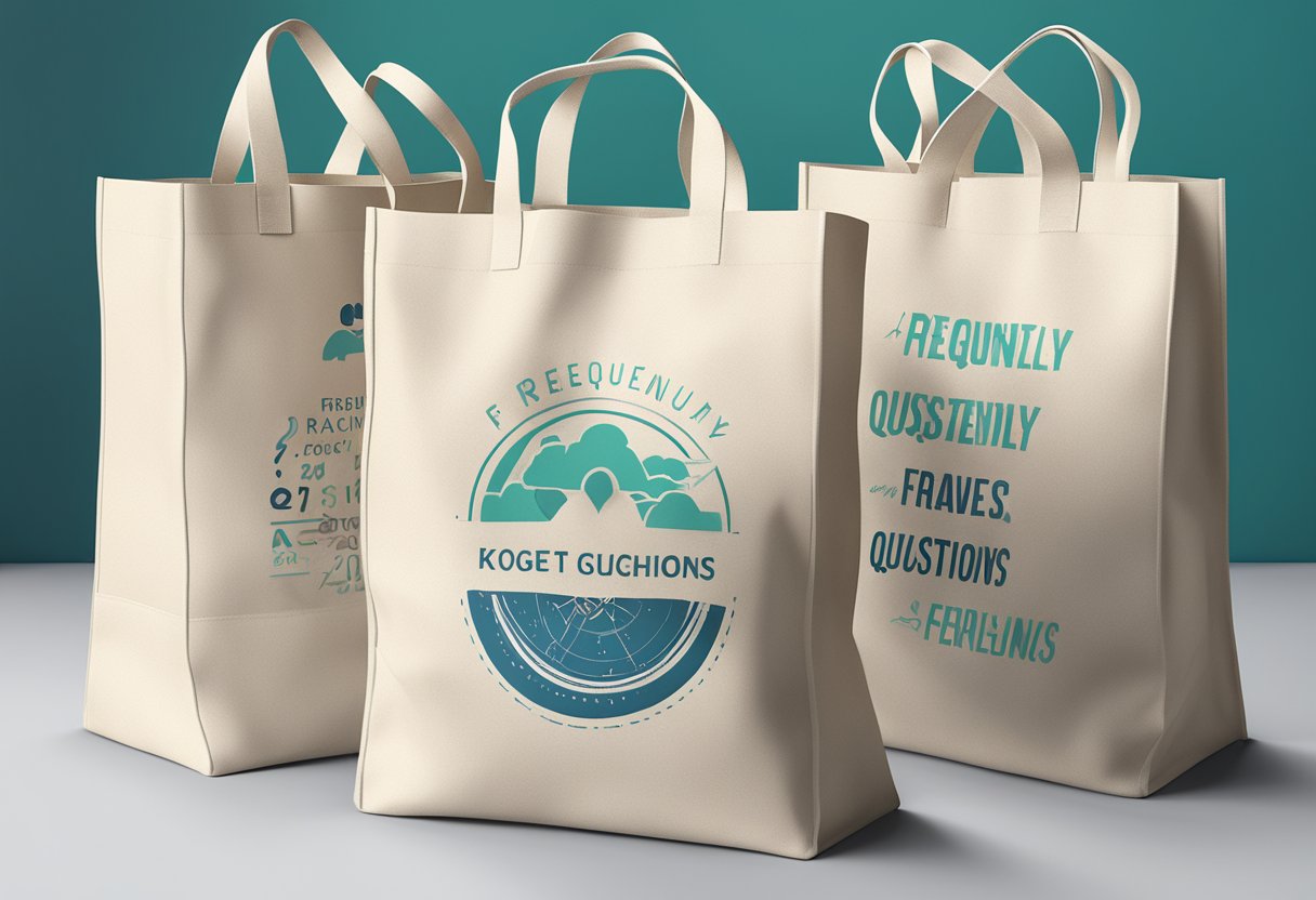 A stack of customised tote bags with "Frequently Asked Questions" printed on them