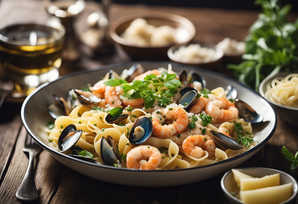 A steaming plate of mixed seafood pasta, adorned with fresh herbs and a sprinkle of parmesan, sits on a rustic wooden table in a cozy Singaporean restaurant