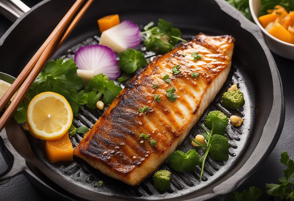 A misoyaki fish sizzling on a hot grill, with the marinade caramelizing and creating a golden crust on the surface