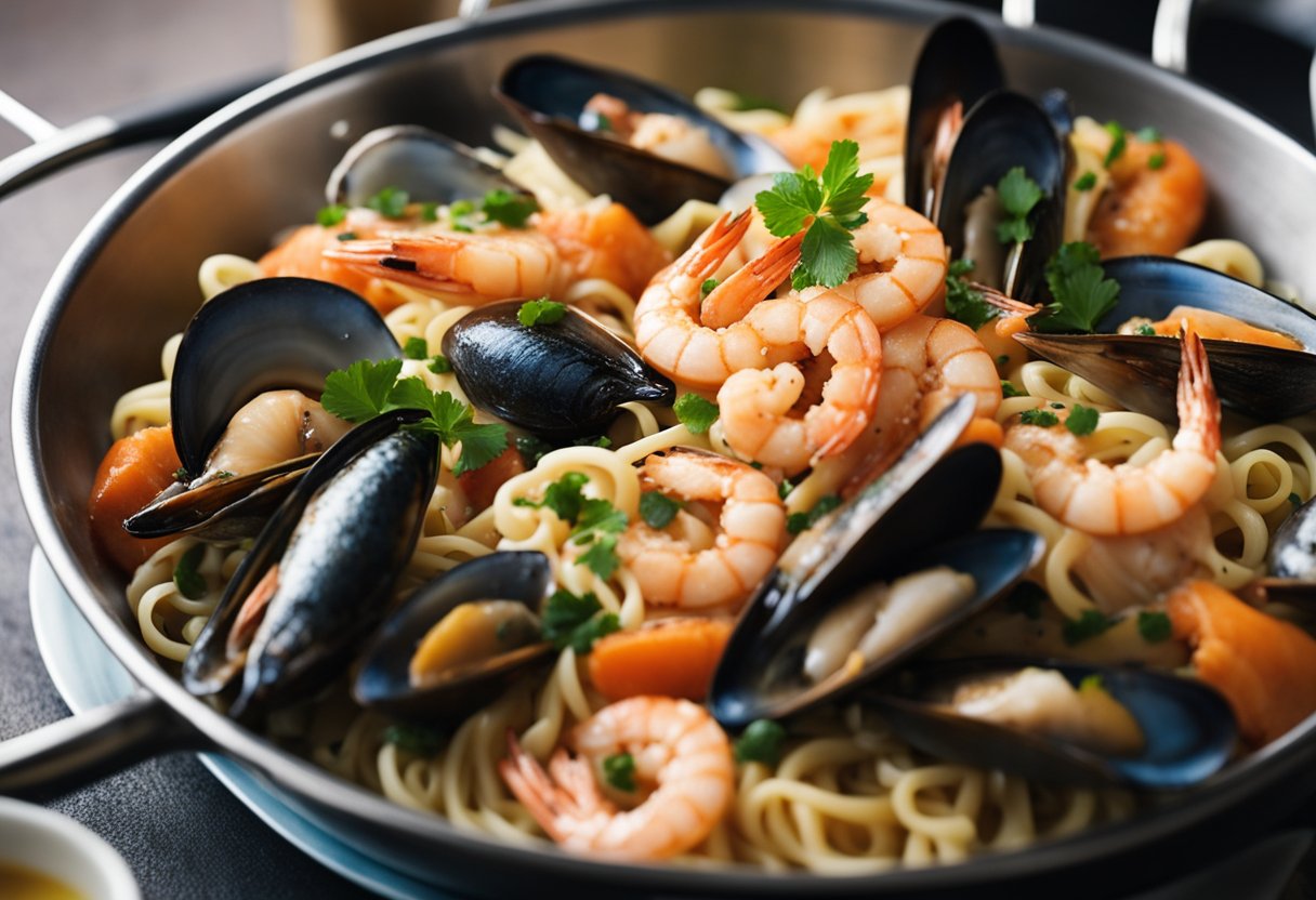 A variety of fresh seafood, such as prawns, squid, and mussels, are being mixed with al dente pasta and tossed in a flavorful sauce in a bustling Singaporean kitchen