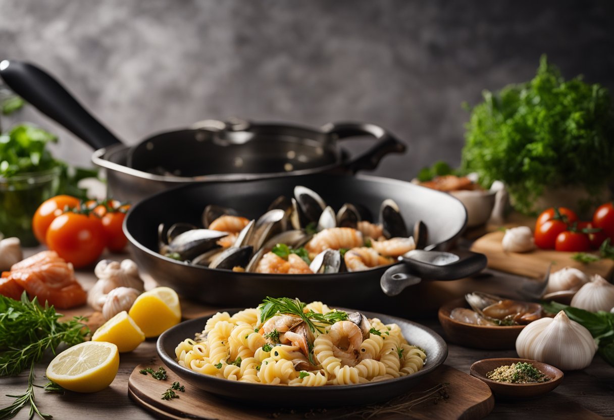 A pot of boiling water with pasta, a variety of fresh seafood, and aromatic herbs and spices. A chef's knife and cutting board with ingredients. A serving platter with a beautifully plated seafood pasta dish