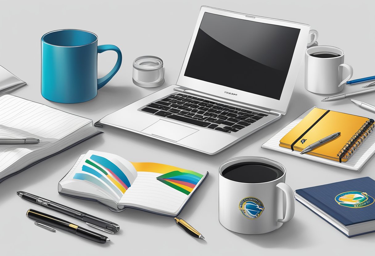 A table adorned with branded merchandise: pens, mugs, and notebooks. A corporate logo prominently displayed on each item