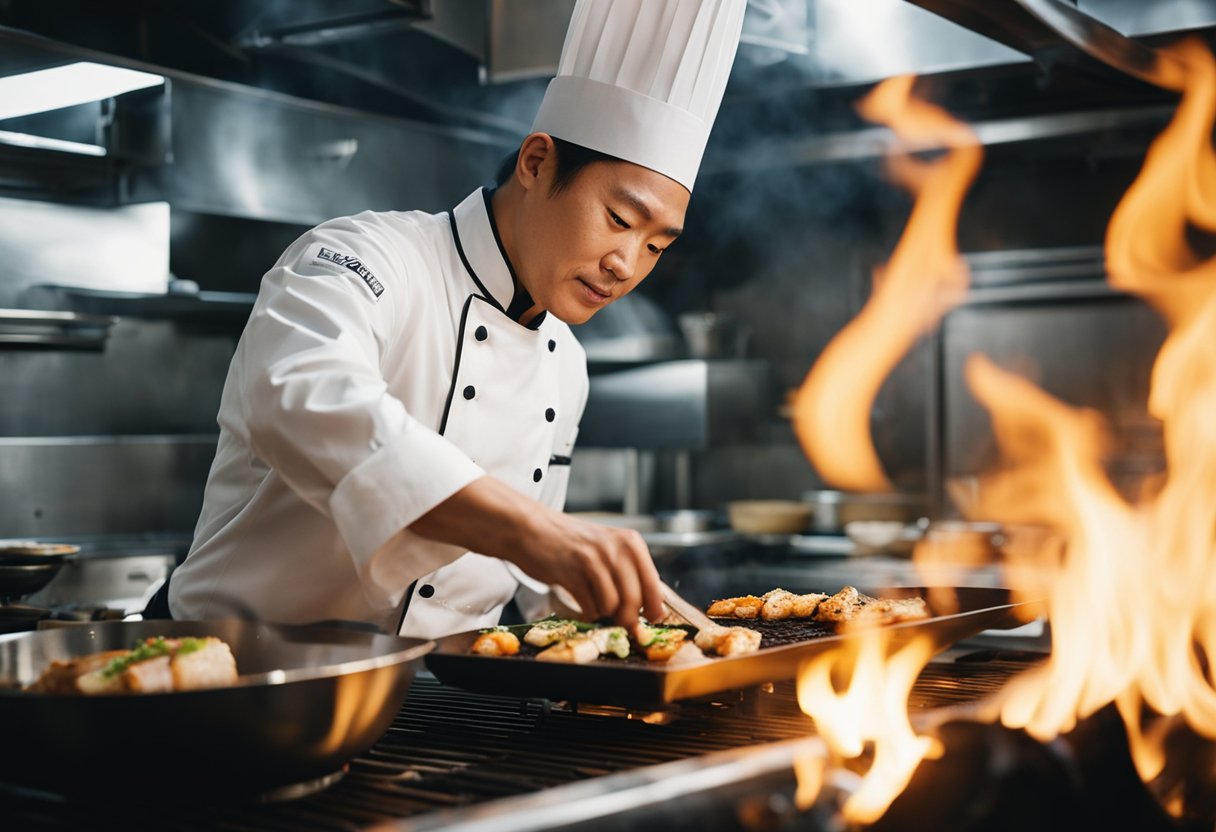 A chef grills misoyaki fish over open flames, then elegantly plates and garnishes the dish before serving