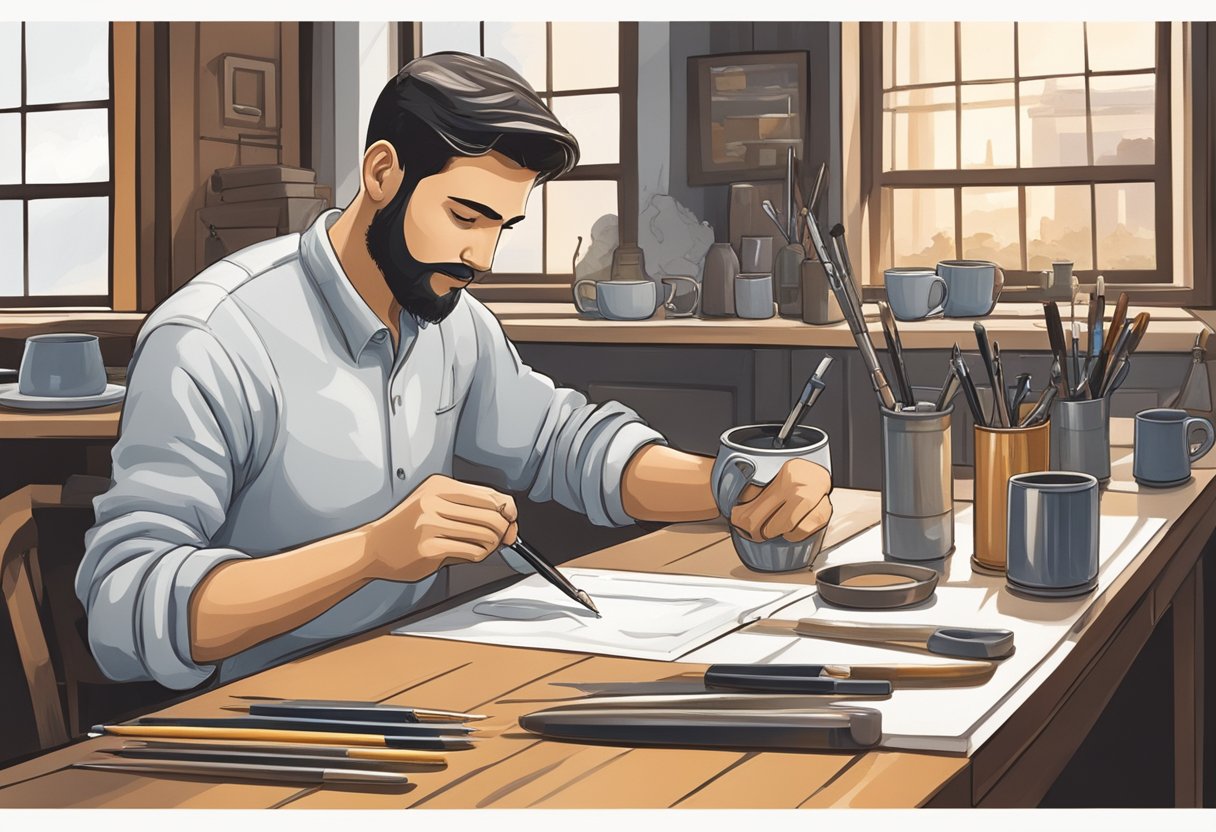 A craftsman carefully engraves a sleek metal pen with a company logo, while another artist meticulously hand-paints a set of elegant ceramic mugs