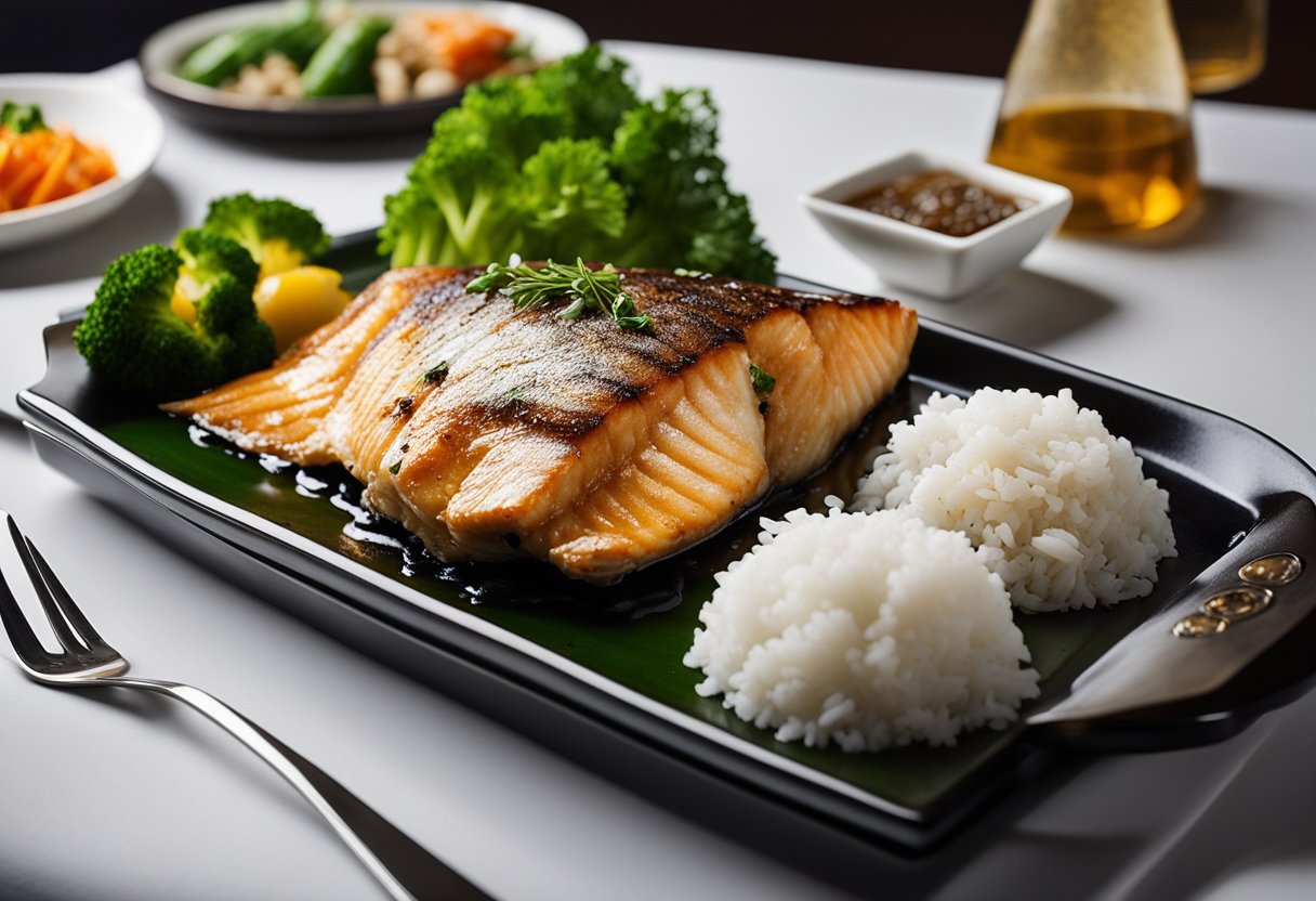 A misoyaki fish sizzling on a grill with a golden glaze, surrounded by a bed of steamed vegetables and a side of fluffy white rice