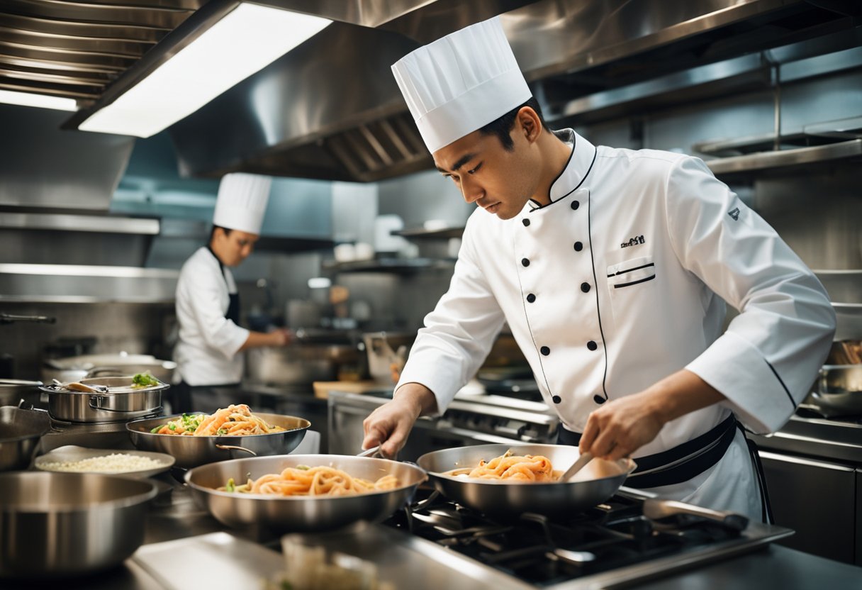 A chef prepares a vibrant seafood pasta dish in a bustling Singapore kitchen, surrounded by fresh ingredients and cooking utensils