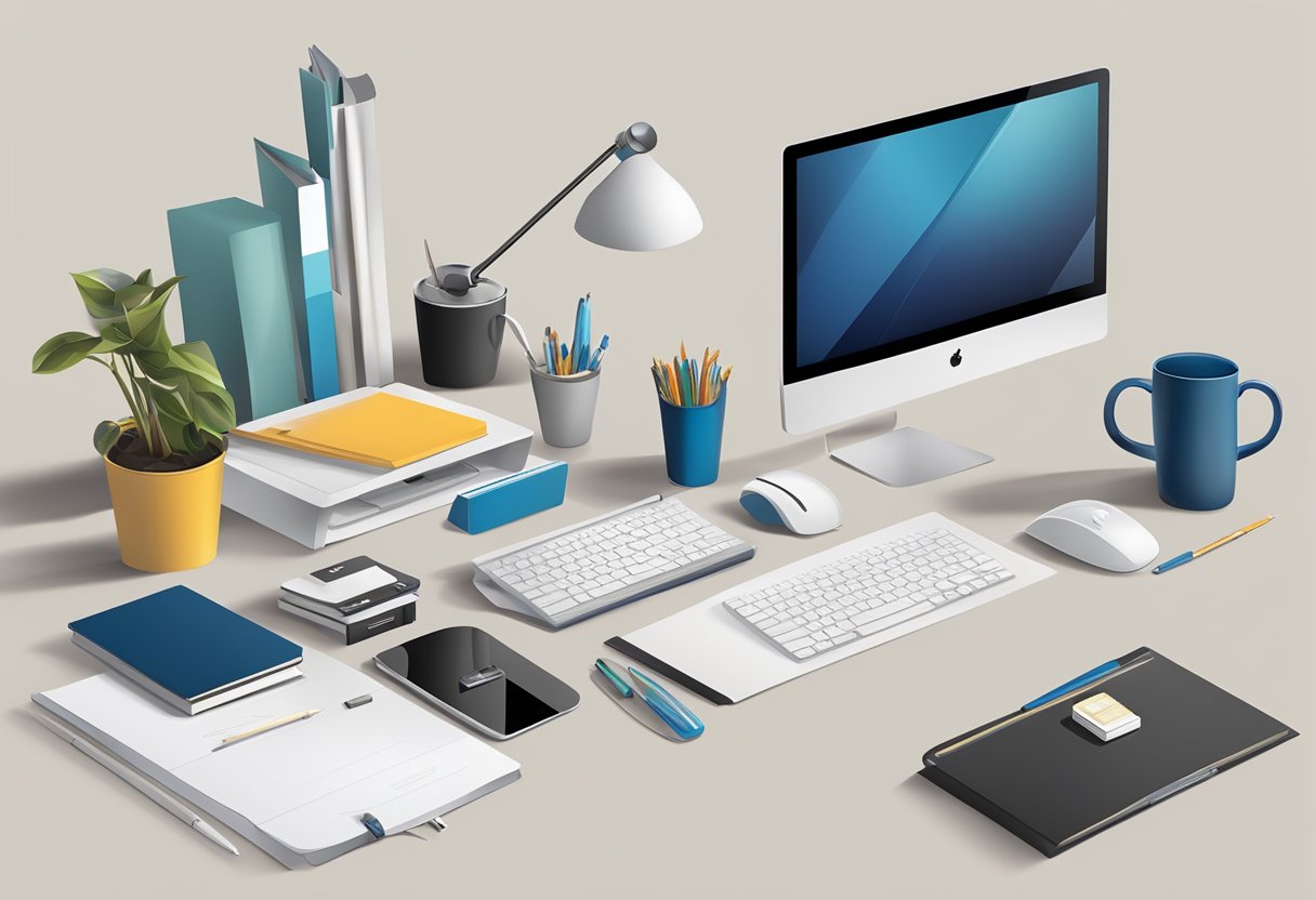 A sleek, modern office desk adorned with personalized corporate gifts and branded items, arranged strategically to convey professionalism and thoughtfulness